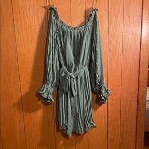 Baltic born pleated green formal dress. Off the shoulder